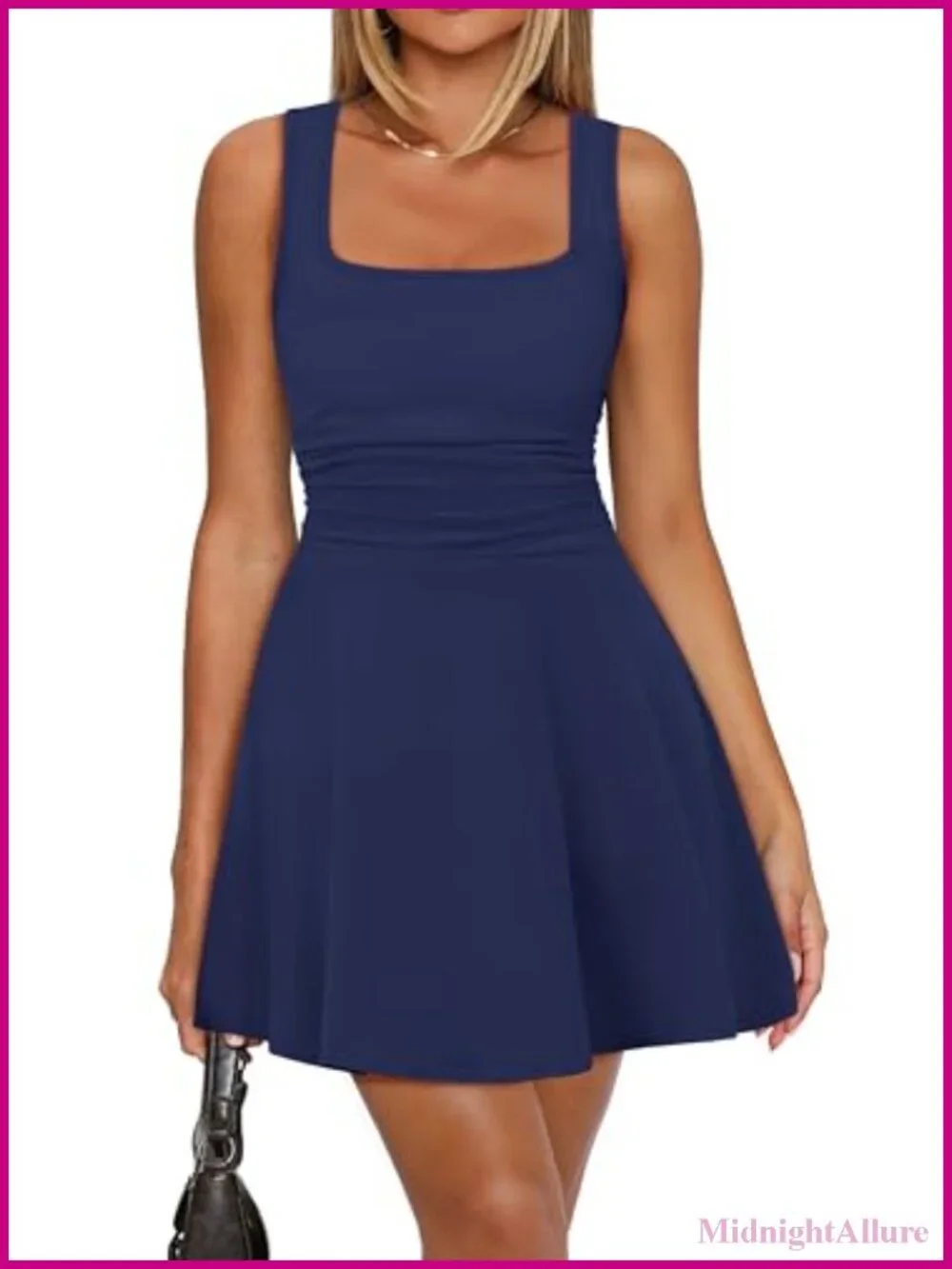Square Neck Sleeveless Mini Dress Ruched Waist Pleated Flowy Summer